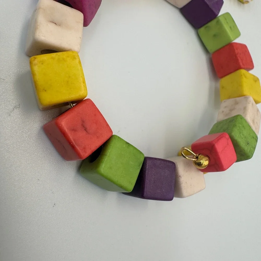 Multicolor Stone Cube Cross‎ Jewelry Set Necklace Bracelet Earrings Boho Rainbow